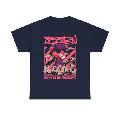 Luxurious Men’s T-Shirt featuring a vibrant pink panther graphic design with graffiti-inspired elements, embodying urban elegance and creativity.