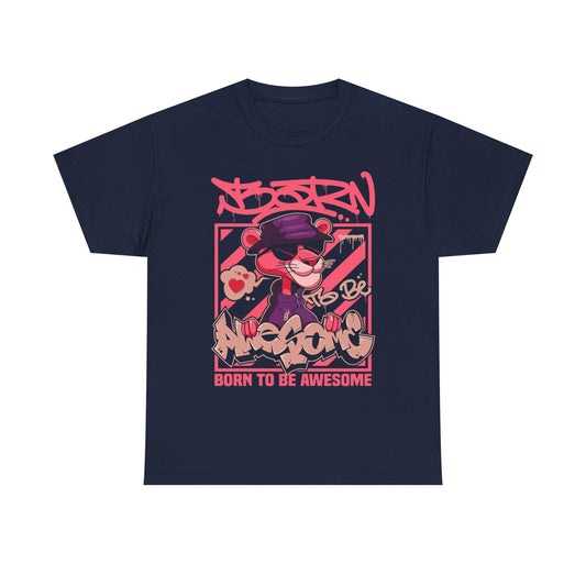 Luxurious Men’s T-Shirt featuring a vibrant pink panther graphic design with graffiti-inspired elements, embodying urban elegance and creativity.