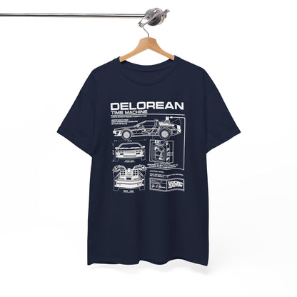 Sophisticated navy t-shirt hanging on display, showcasing a detailed DeLorean time machine graphic, perfect for discerning fans and collectors.
