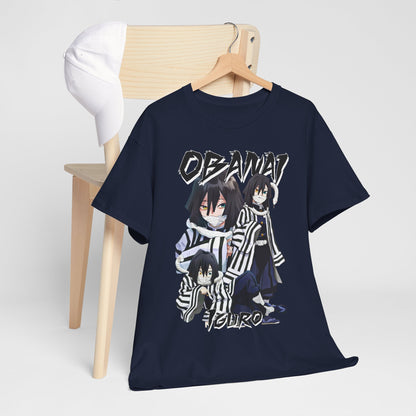 Chic navy T-shirt adorned with a vibrant graphic of Obanai Iguro, styled with a white cap on a wooden chair, epitomising contemporary anime fashion with an artistic flair.