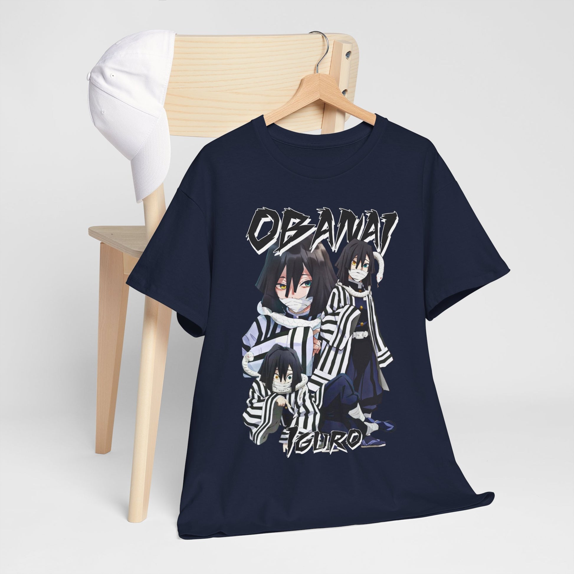 Luxurious navy T-shirt featuring striking graphic design of the character Obanai Iguro from the anime Demon Slayer, displayed on a wooden hanger alongside a stylish white cap.
