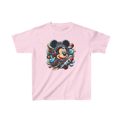 Child’s Blast Off with Mickey Astronaut Unisex Graphic Tee Shirt Kids in soft pink, featuring an adorable Mickey Mouse in a whimsical astronaut outfit, surrounded by cosmic delights and vibrant hues.