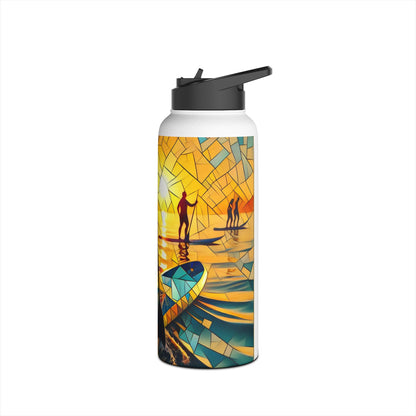 Elegant Fantasy Paddleboarding Stainless Steel Water Bottle showcasing an impressive scene of multiple paddleboarders at sunset, ideal for stylish hydration during outdoor activities.