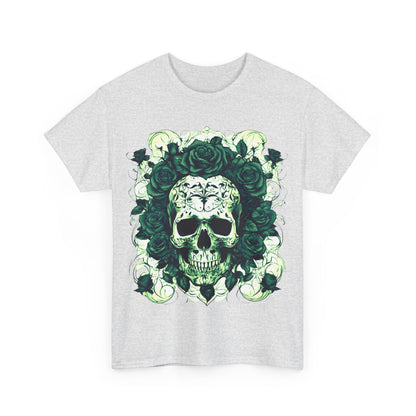 Front design of the Skulls and Roses Cotton Tee featuring intricate skull and rose artwork in vibrantly detailed hues.