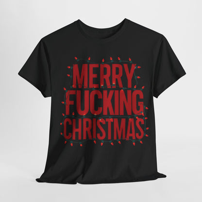 Merry Christmas Graphic T-Shirt Urban Unisex Cotton Tee in classic black showcasing a striking red graphic design with the phrase 'MERRY FUCKING CHRISTMAS' intricately woven with Christmas lights, ideal for stylish holiday wear.