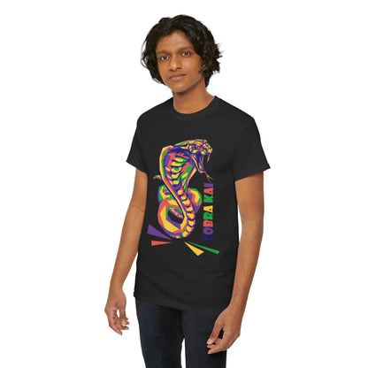 A stylish black Cobra Kai graphic T-shirt featuring a vibrant, artistic snake design, worn by a young male model, epitomizing contemporary pop culture and casual luxury.