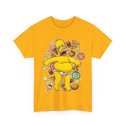 Front view of Homer's Gluttonous Glory Unisex Cotton Tee, showcasing a playful cartoon design of Homer Simpson indulging in an array of delicious snacks.