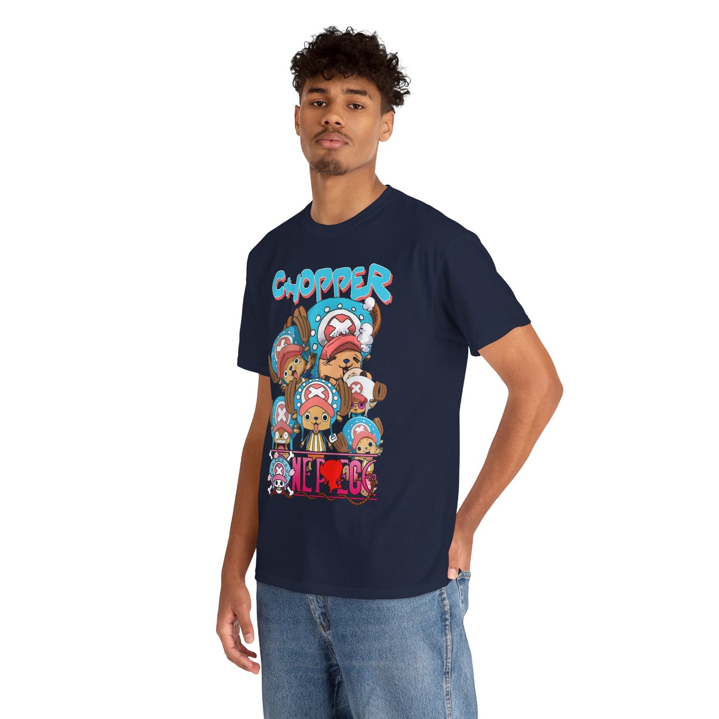 Fashionable navy blue t-shirt worn by a model, displaying Chopper's delightful expressions, ideal for making a statement among fellow anime fans.