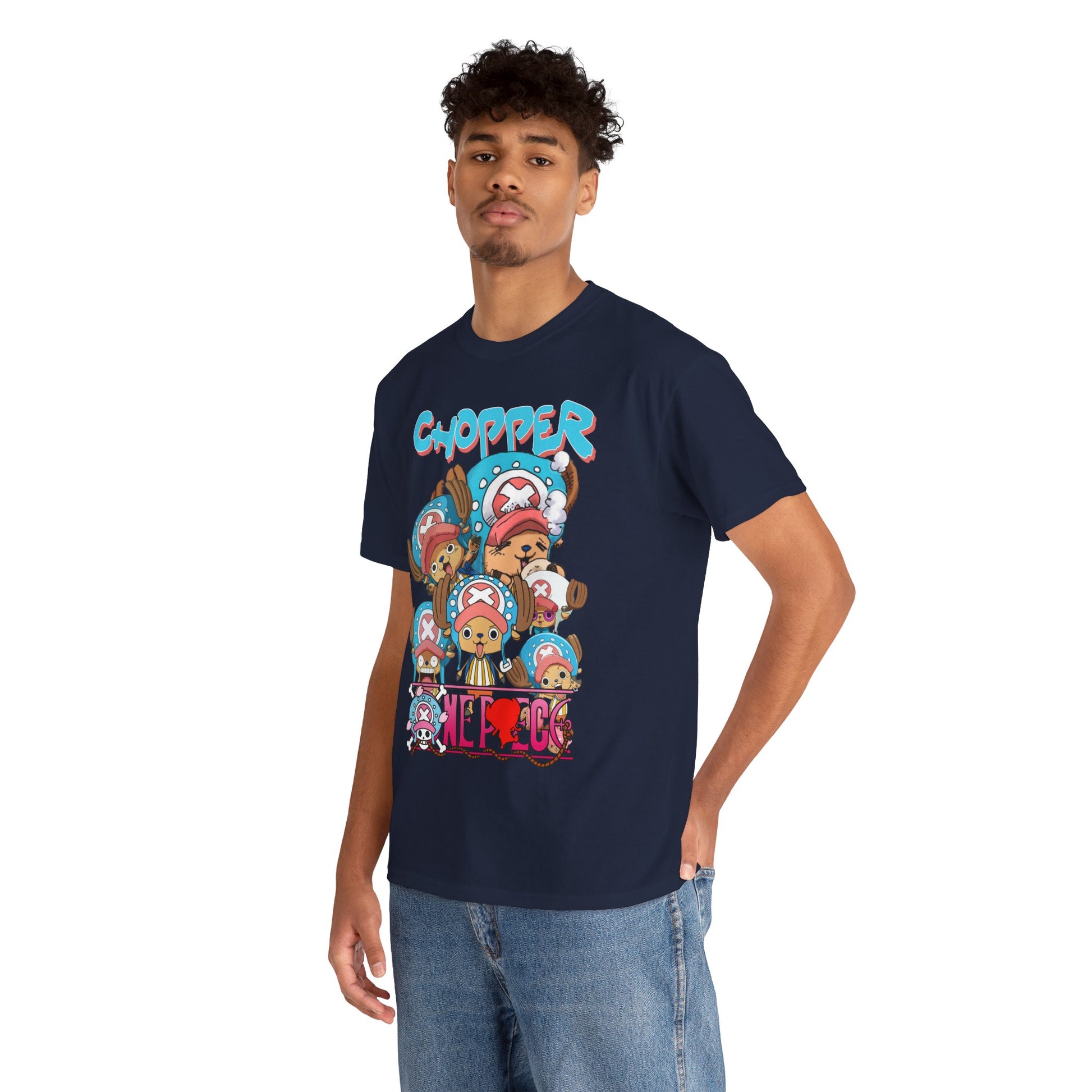 Fashionable navy blue t-shirt worn by a model, displaying Chopper's delightful expressions, ideal for making a statement among fellow anime fans.