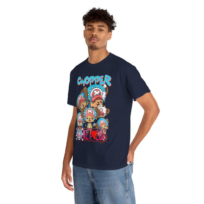 Fashionable navy blue t-shirt worn by a model, displaying Chopper's delightful expressions, ideal for making a statement among fellow anime fans.