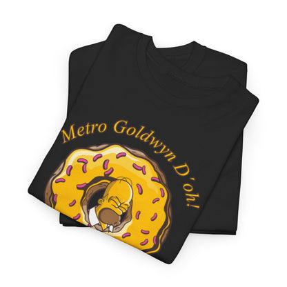 Premium black graphic t-shirt, featuring a whimsical illustration of Homer Simpson in a donut, titled 'Metro Goldwyn D'oh!', ideal for trendy individuals.