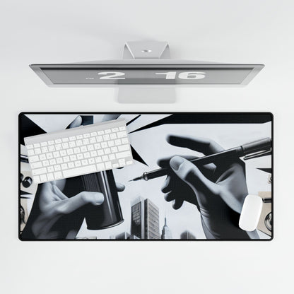 Elegant top view of BanksyGroove UrbanScape Desk Mat on a sophisticated desk, highlighting its intricate graffiti-inspired artwork, paired with a sleek computer monitor and minimalist accessories.