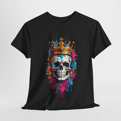 Luxurious men's T-shirt featuring a vibrant stylized skull crowned with a golden crown, against a dynamic abstract background of blue, pink, and orange paint splatters.