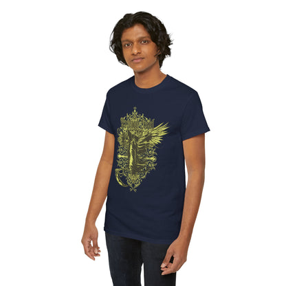 Stylish men's t-shirt showcasing a striking Grim Reaper motif entwined with floral elements, designed for the fashion-forward who appreciate dark aesthetics, presented in a rich navy hue.