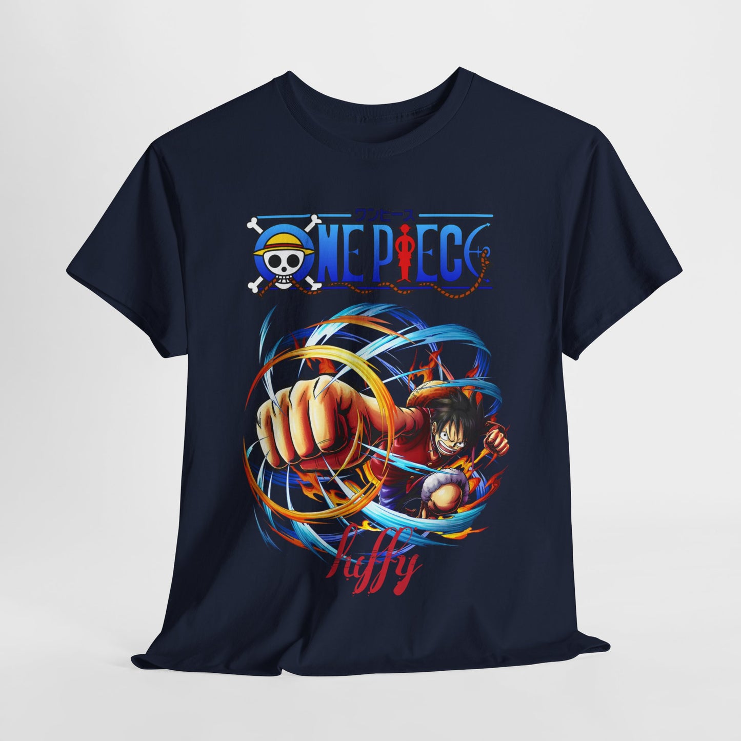 Elegant men's t-shirt in navy with striking One Piece illustration, showcasing a dynamic character pose for an adventurous and chic statement.