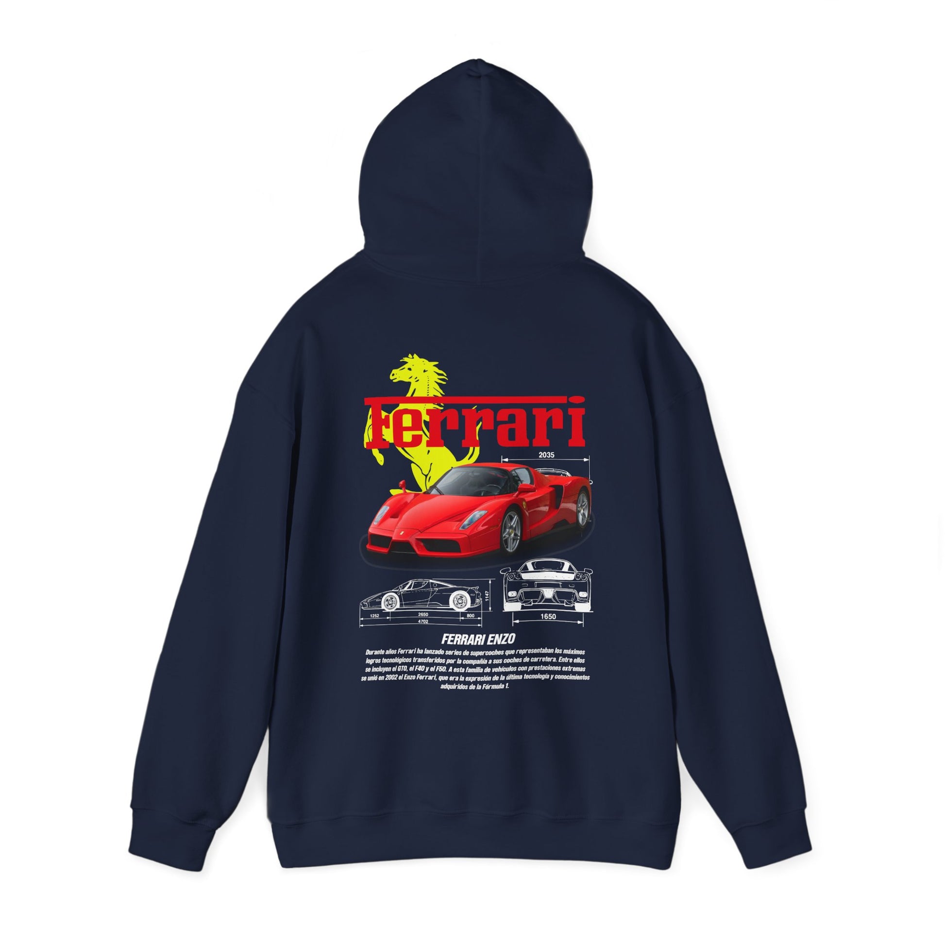 Navy Ferrari Enzo hoodie featuring a vibrant back print of the car design, highlighting luxury style for automotive enthusiasts.