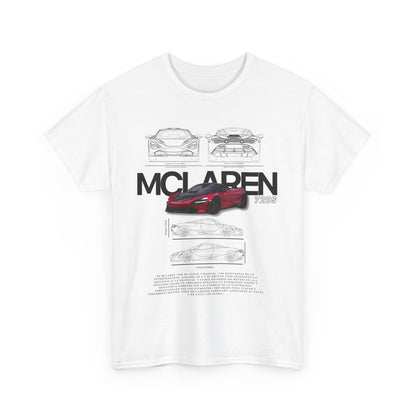 Chic McLaren 720S T-Shirt displaying detailed line drawings and a striking image of the vehicle, a must-have for luxury fashion lovers.