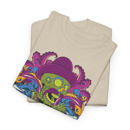 High-quality stacked beige t-shirts with a striking skeleton motif, ideal for those seeking unique and artistic apparel.