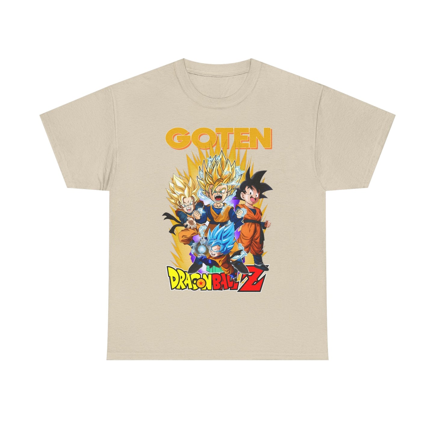 Sophisticated beige Dragon Ball Z Goten T-shirt with striking character artwork, designed for a stylish yet relaxed look for anime lovers.