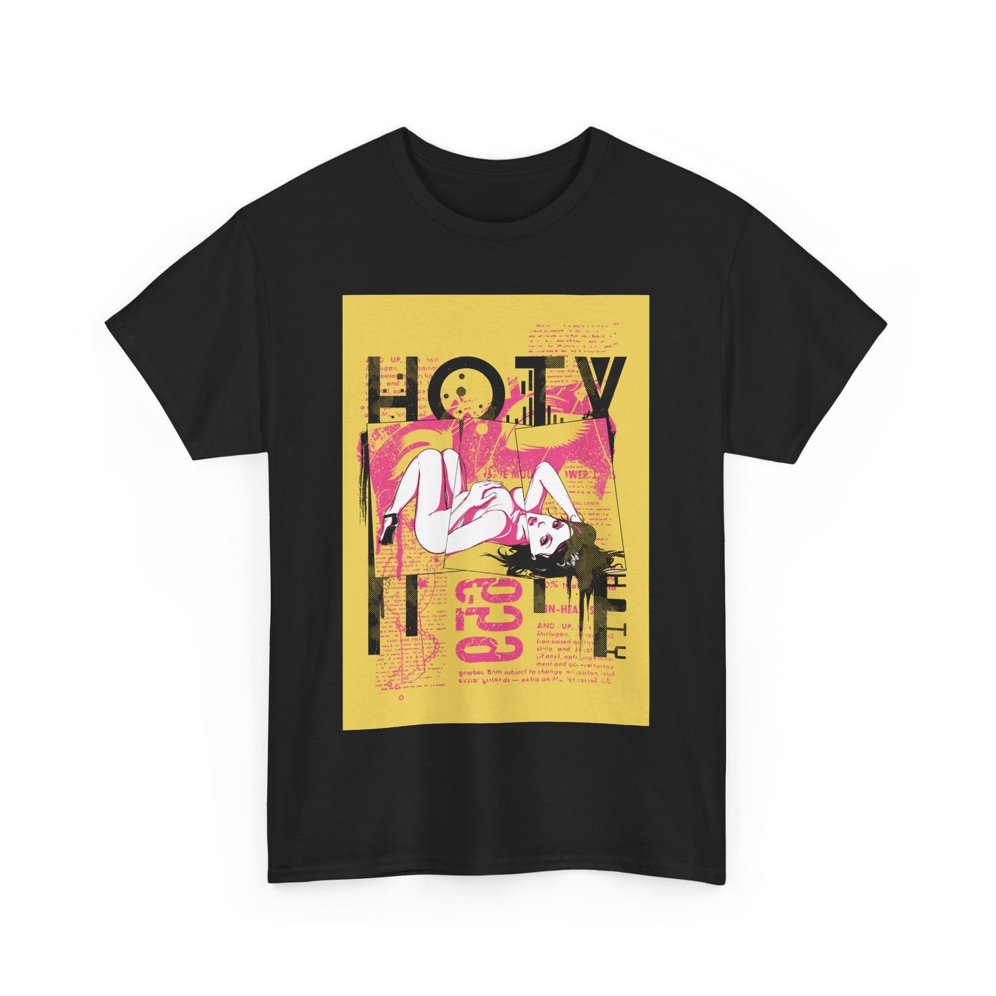 Chic black men's t-shirt adorned with a vibrant 'HOTY' graphic design, showcasing artistic flair and premium style.