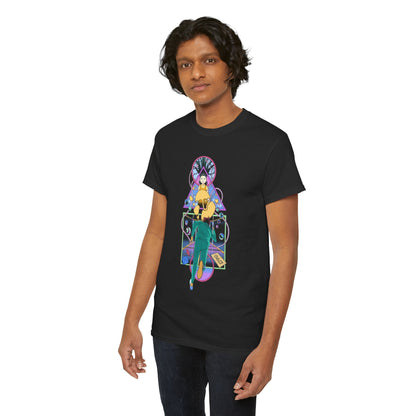 Elegant Squid Game graphic t-shirt displayed on a male model, illustrating a striking and playful design suitable for contemporary streetwear.