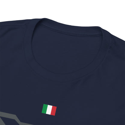 Close-up view of the neckline and Italian flag detail on a navy men's t-shirt featuring the iconic Aston Martin DB4 design.