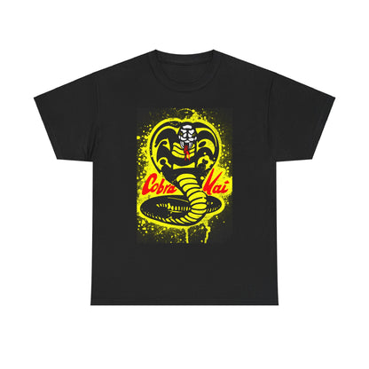 Stylish unisex black Cobra Kai T-shirt featuring a vibrant graphic of a coiled snake, characterised by bold yellow splashes and striking red lettering that embodies the spirit of martial arts humour.