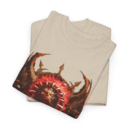 Sophisticated stack of beige t-shirts featuring a vivid Warhammer graphic with a fierce monster and ornate designs, perfect for elevating casual luxury.