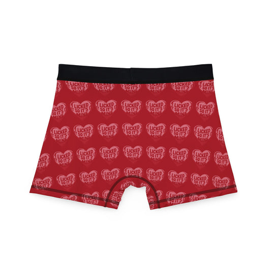 Back view of Valentines Naughty Cheeky Men's Boxer Briefs, showcasing a bold, whimsical design with the phrase 'I LICKED IT SO IT'S MINE' on a vibrant red background, ideal for anniversaries.