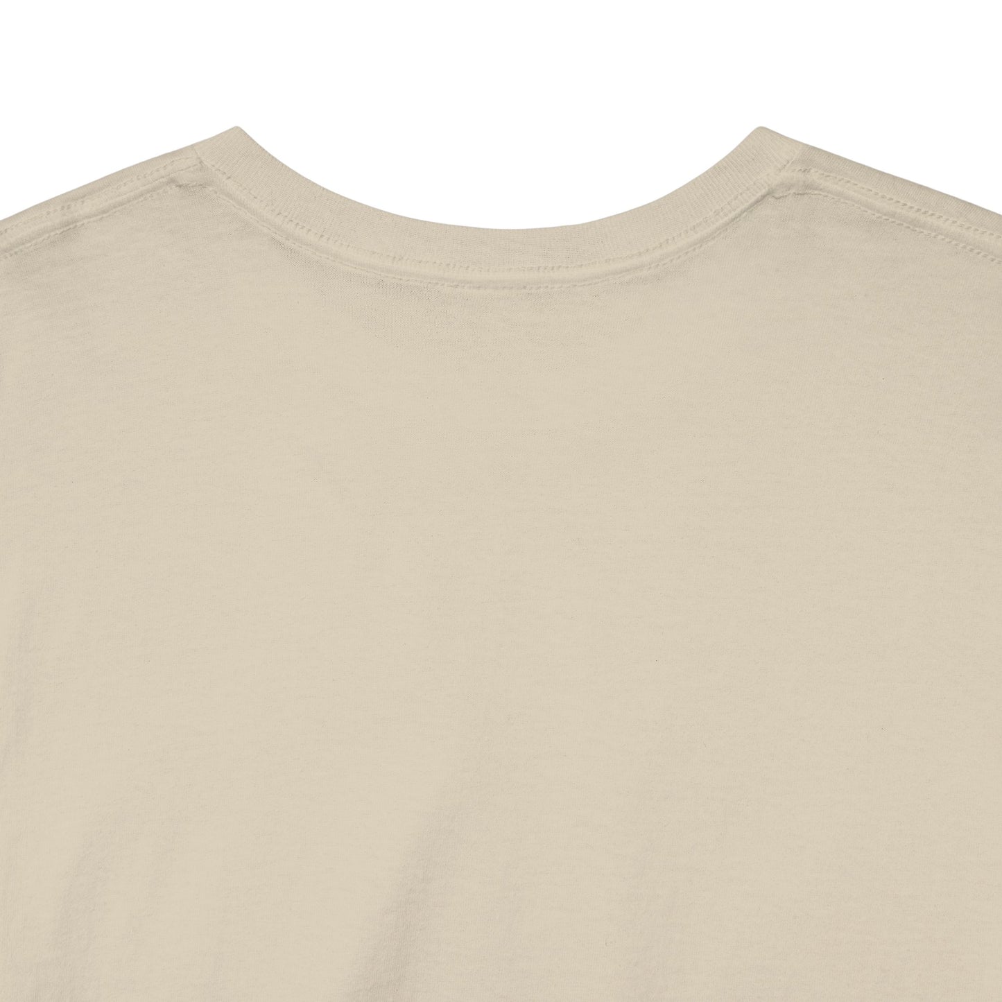 Reverse side of a premium beige t-shirt, displaying a simple yet elegant finish, perfect for enthusiasts of adventure-themed fashion.