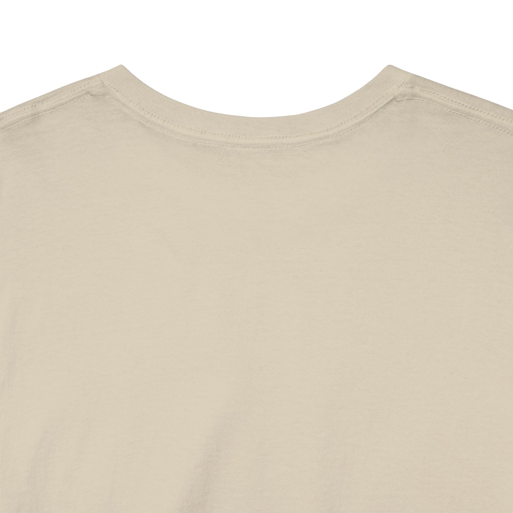 Reverse side of a premium beige t-shirt, displaying a simple yet elegant finish, perfect for enthusiasts of adventure-themed fashion.