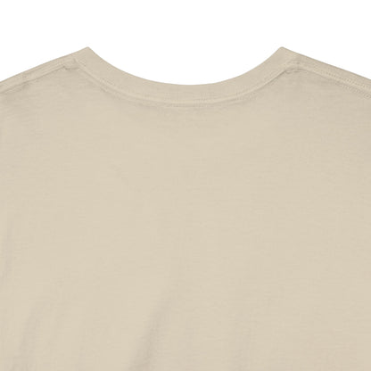Reverse side of a premium beige t-shirt, displaying a simple yet elegant finish, perfect for enthusiasts of adventure-themed fashion.