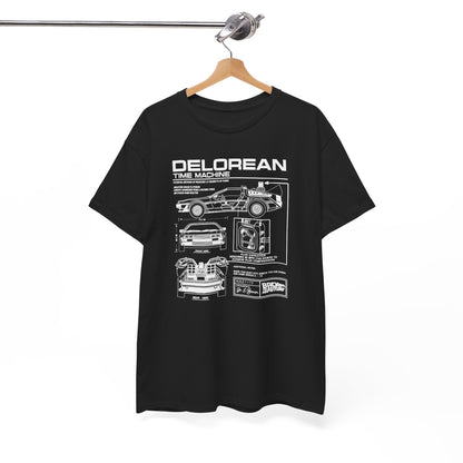 Premium black t-shirt elegantly displayed on a hanger, showcasing a detailed blueprint of the DeLorean time machine, a perfect blend of style and nostalgia.