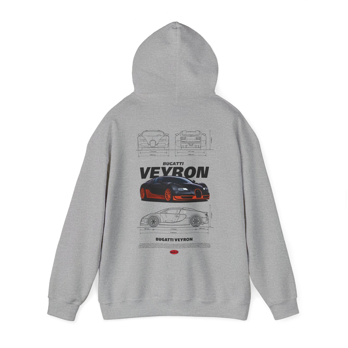 Chic grey Bugatti Veyron hoodie featuring a captivating back graphic of the luxurious car accompanied by design diagrams.