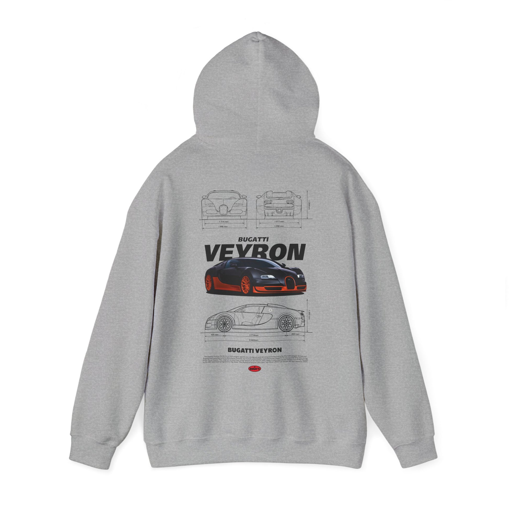 Chic grey Bugatti Veyron hoodie featuring a captivating back graphic of the luxurious car accompanied by design diagrams.