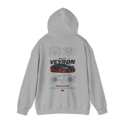 Chic grey Bugatti Veyron hoodie featuring a captivating back graphic of the luxurious car accompanied by design diagrams.
