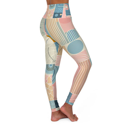 Contemporary Pastel Leggings - Stylish Comfort in Soft Pink, Blue, Yellow & Green Hues displayed in a side angle, emphasizing the chic, geometric patterns and luxurious fabric that embraces the body beautifully.