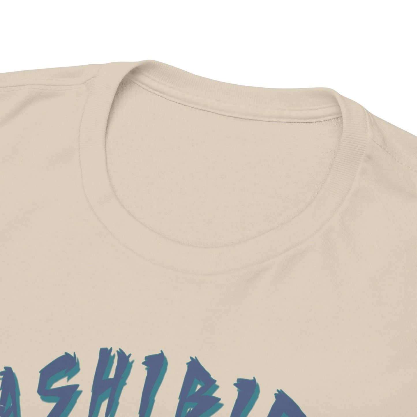 Close-up view of the luxurious neckline and print details on the Hashibira Inosuke T-Shirt, exemplifying quality and artistic design.