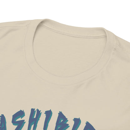 Close-up view of the luxurious neckline and print details on the Hashibira Inosuke T-Shirt, exemplifying quality and artistic design.