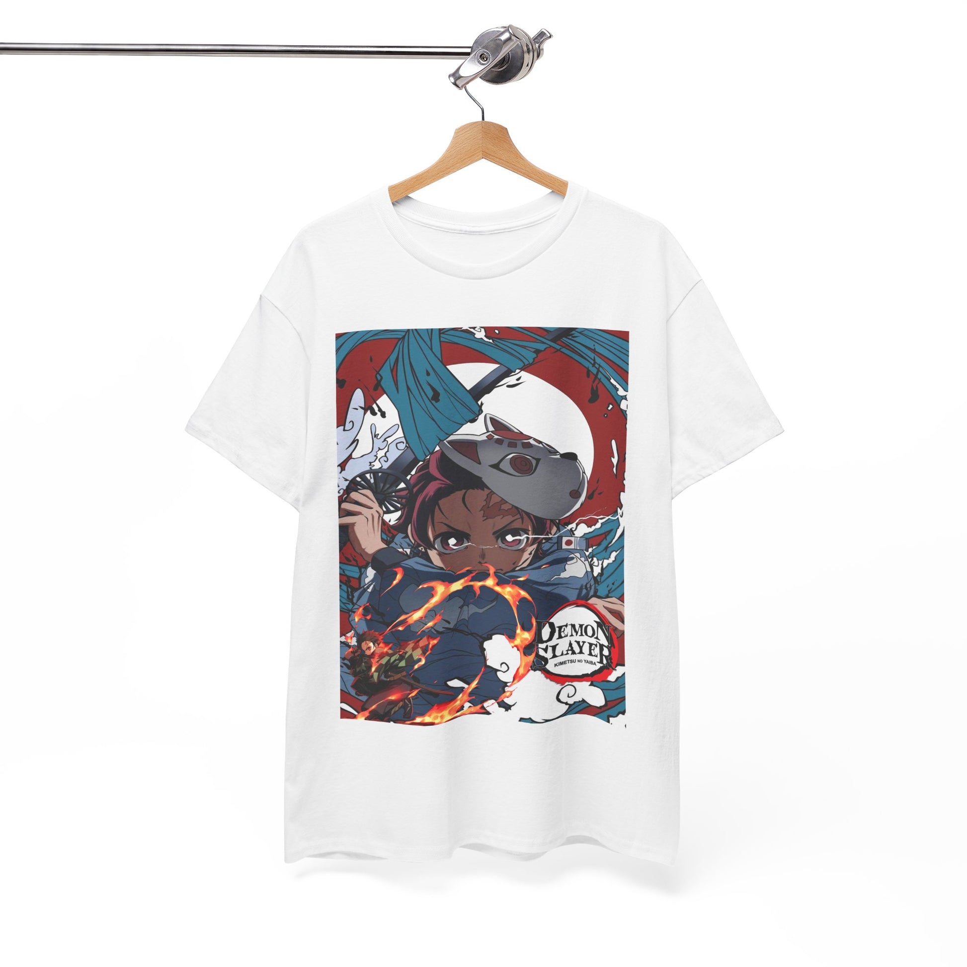 Elegantly hung white t-shirt displaying a stunning demon-themed illustration, featuring a character in action amidst swirling flames, ideal for stylish anime lovers.
