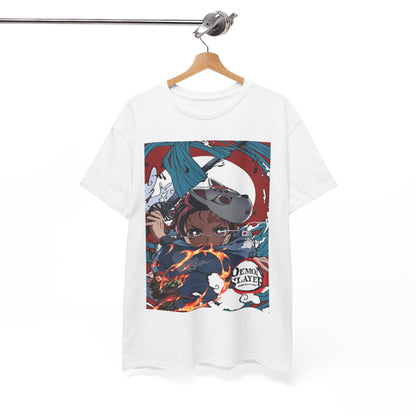 Elegantly hung white t-shirt displaying a stunning demon-themed illustration, featuring a character in action amidst swirling flames, ideal for stylish anime lovers.