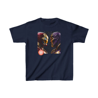 Kids Iron Man Heavy Cotton T-Shirt featuring an exquisite print of Iron Man facing Thanos, available in navy.