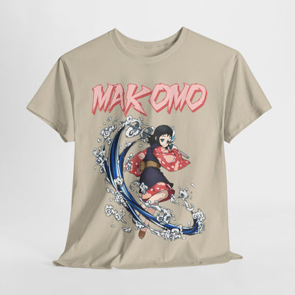 Close-up view of the Makomo anime T-shirt, highlighting the intricate design and the character’s poised action pose against a subtle background.