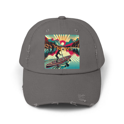 Unisex Distressed Paddleboarders Cap in grey featuring a vibrant fantasy design, ideal for adventurous spirits.