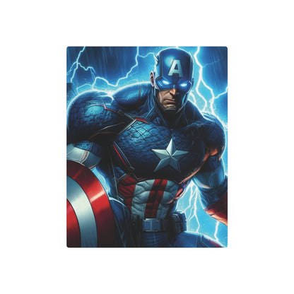 Marvel Captain America Metal Art Poster showcasing the superhero in vibrant colours, designed for a luxurious aesthetic in any room.