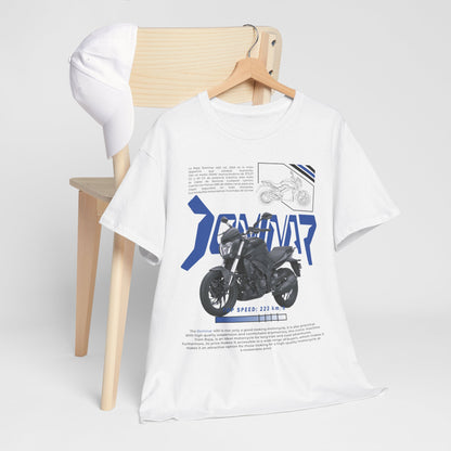 Refined men's T-shirt draped elegantly with a cap, showcasing a luxurious motorcycle art print and 'DOMINAR' branding, ideal for the modern biker.