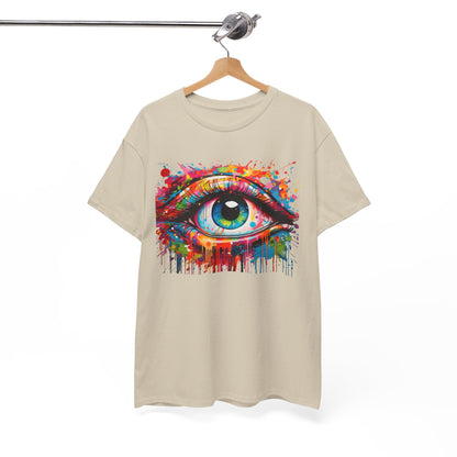 Elegant beige t-shirt displayed on a hanger showcasing a striking 'Visionary Drip' graphic design highlighting a colourful eye, embodying artistic innovation and style.