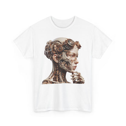 Stylish white Men's T-Shirt displaying an intricate cyborg design of a female silhouette, embellished with delicate mechanical elements, catering to luxury fashion lovers.