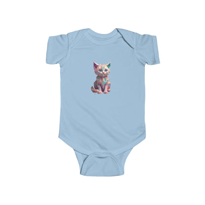 Luxurious Kitten Bodysuit in light blue, featuring a geometric kitten design, perfect for stylish infants. Ideal baby romper available in five charming colours.