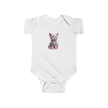 Refined Kitten Bodysuit displaying a cute geometric kitten design, ideal for discerning parents, in a classic white colour.